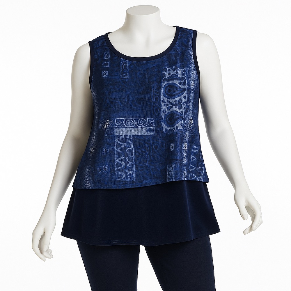 DG2 DIANE GILMAN Easy Tank Velvet Brocade Like Stretch Chambray Top Women’s 1X